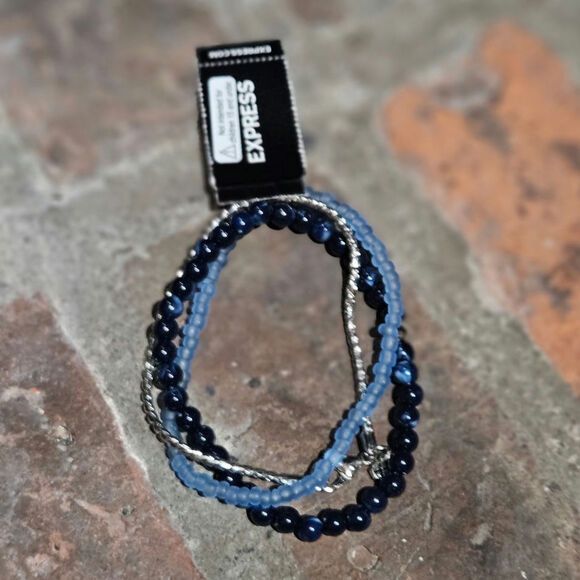 Express Navy Stone, Blue Beads & Silver-Tone Mixed Metal Trio Bracelet Set - Picture 2 of 5